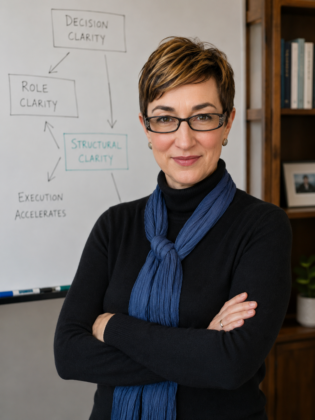 Cindy Jeffrey at a whiteboard mapping decision, role, and structural clarity