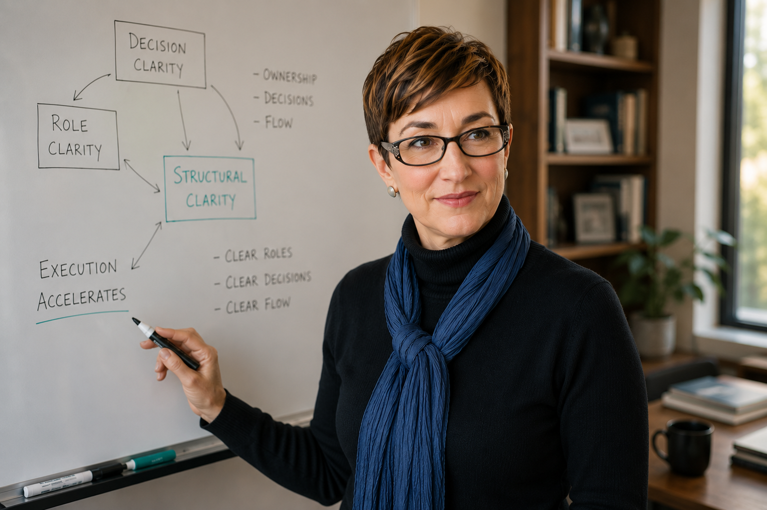 Cindy Jeffrey presenting the Structural Clarity model at a whiteboard